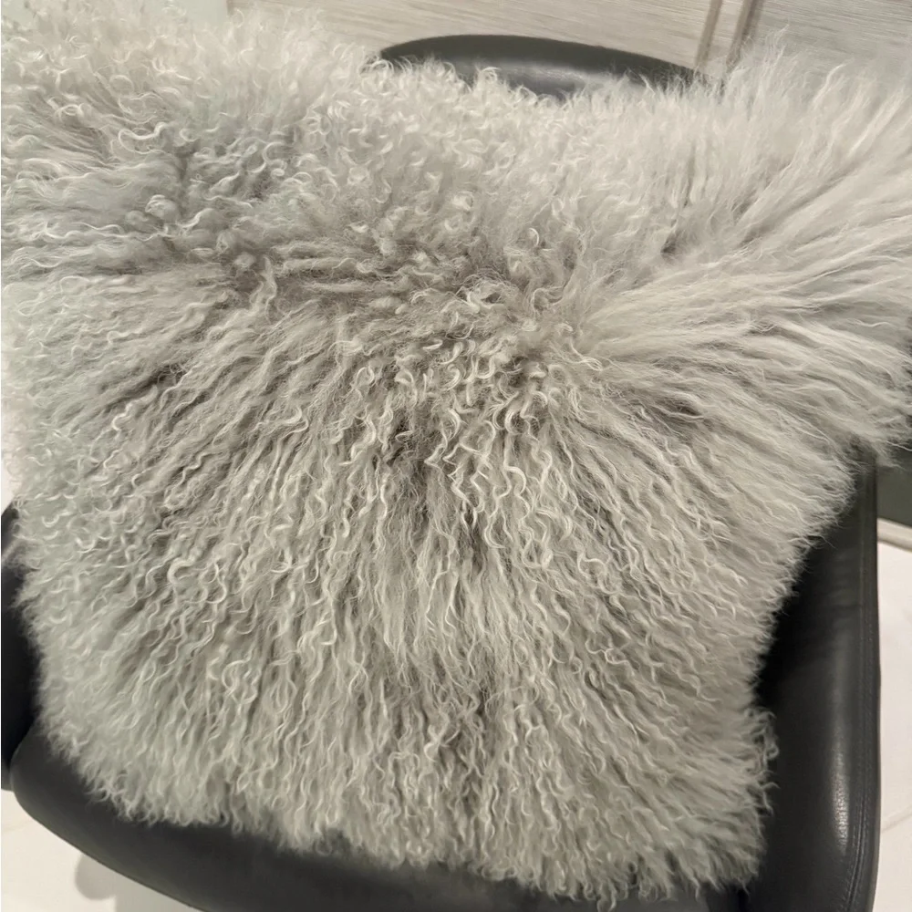 Z Gallerie 22” Silver-Gray Curly Mongolian Fur Accent Pillow